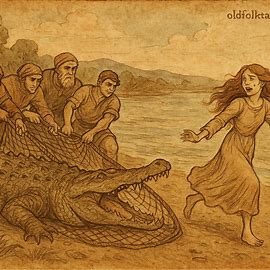 Parchment-style illustration of Sudanese folktale, villagers rescuing maiden from crocodile at riverbank, OldFolktales.com logo.