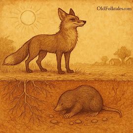 A proud fox and a humble mole in drought-stricken Angola, symbolizing pride versus patience in folklore.