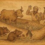 Illustration of two rats sinking a canoe with thieves and an ox, from a Merina Madagascar folktale.