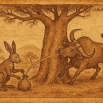 Hare tricking the buffalo at the baobab tree, Mossi folktale scene from Burkina Faso in parchment style.