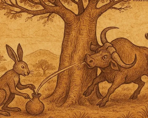 Hare tricking the buffalo at the baobab tree, Mossi folktale scene from Burkina Faso in parchment style.