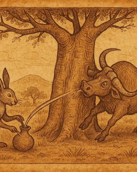 Hare tricking the buffalo at the baobab tree, Mossi folktale scene from Burkina Faso in parchment style.