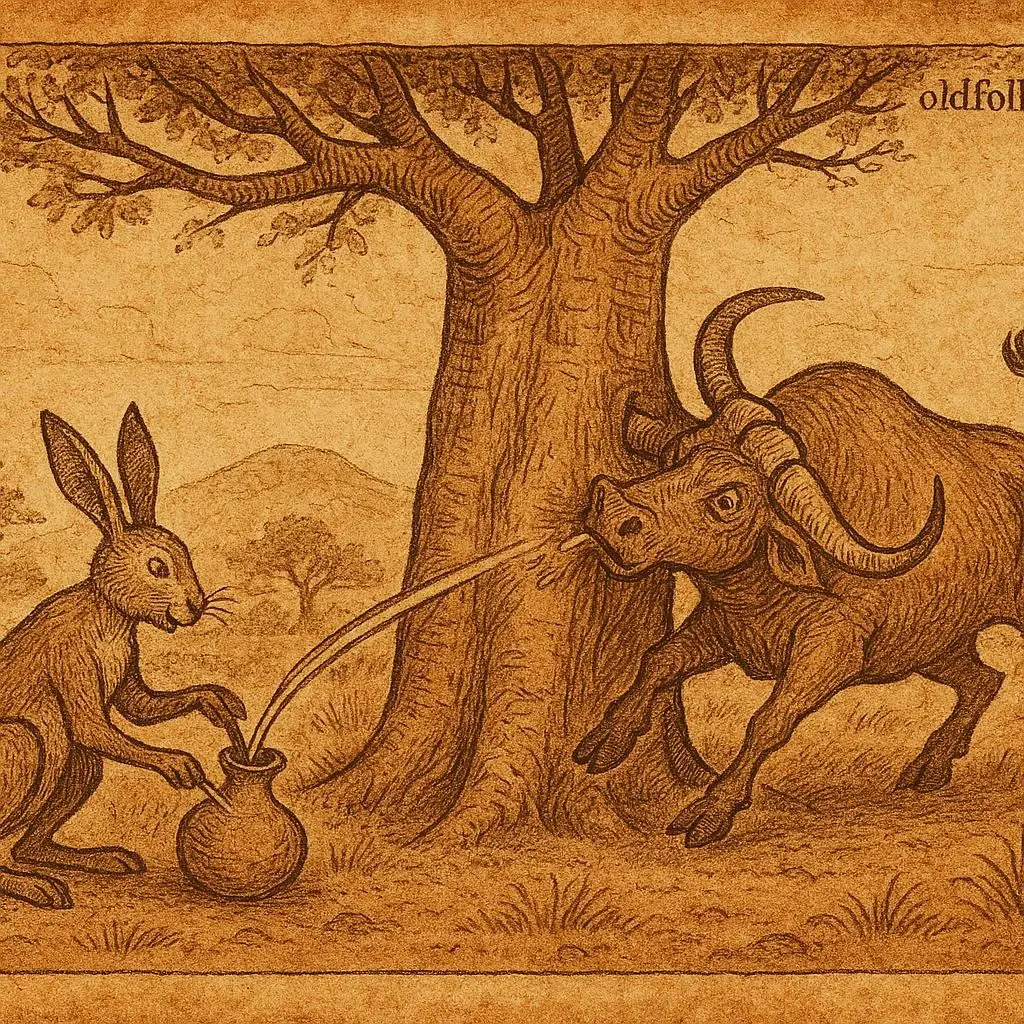 Hare tricking the buffalo at the baobab tree, Mossi folktale scene from Burkina Faso in parchment style.