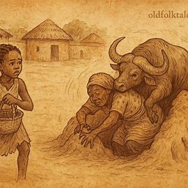 Yam-yende clinging to a basket while her aunt becomes a buffalo, Mossi folktale scene.