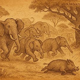 Boar struck down among elephants, Eritrean Tigrean folktale scene, parchment-style with earthy colors and faded manuscript texture.