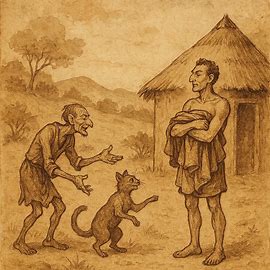 Merina folktale scene of Kotofetsy and Mahaka deceiving a proud man of his clothes in Madagascar.