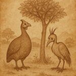 Guinea fowl with smooth feathers and takatra with crest tufts beneath a nato tree. Malagasy folktale scene.