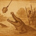 Crocodile trapped by baited hook while villagers attack, from a traditional Madagascan folktale of wisdom and caution.