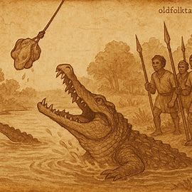 Crocodile trapped by baited hook while villagers attack, from a traditional Madagascan folktale of wisdom and caution.