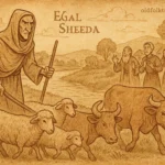 Egal Sheeda, the Somali trickster, walking away with livestock as deceived villagers watch helplessly by the river.