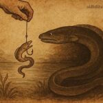 Illustration of big eel and little eel from Madagascan folktale, showing hook trap and fisherman’s danger.