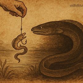 Illustration of big eel and little eel from Madagascan folktale, showing hook trap and fisherman’s danger.