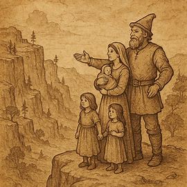 Gendefli with family on mountain, Tigrean folktale, Eritrean highlands.
