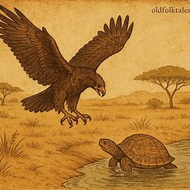 Parchment-style illustration of eagle chasing tortoise by a river in Sudanese folktale, earthy tones, OldFolktales.com logo.