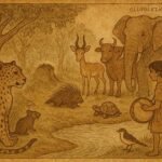 Leopard and forest animals with nephew by stream, scene from Equatorial Guinean folktale of greed and betrayal.