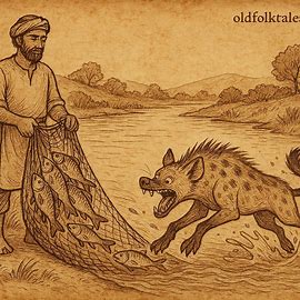 Parchment-style illustration of Sudanese fisherman and greedy hyena by river, folktale of deceit and honesty, OldFolktales.com logo.