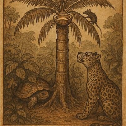 Tortoise hides at palm wine tree base as Leopard threatens Rat in Equatorial Guinea folktale.