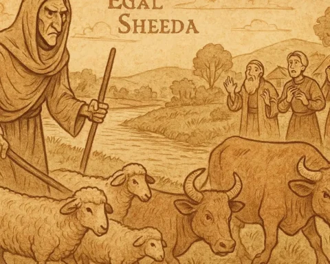 Egal Sheeda, the Somali trickster, walking away with livestock as deceived villagers watch helplessly by the river.
