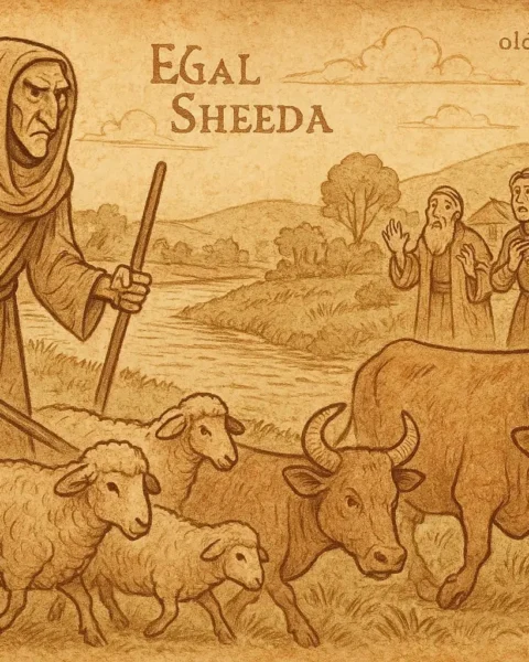 Egal Sheeda, the Somali trickster, walking away with livestock as deceived villagers watch helplessly by the river.