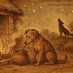 Dog eats mush by the hearth as Jackal howls in the wilderness, Angolan folktale scene.