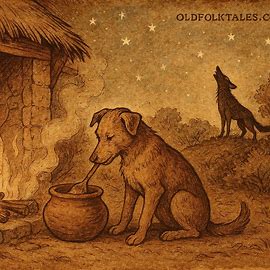 Dog eats mush by the hearth as Jackal howls in the wilderness, Angolan folktale scene.