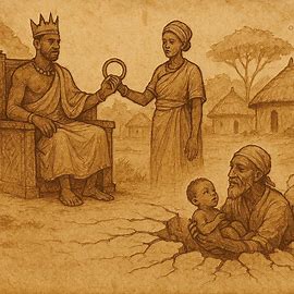 King Kitamba mourns in silence, holding Queen Muhongo’s arm-ring, from a Kimbundu folktale of grief and acceptance.