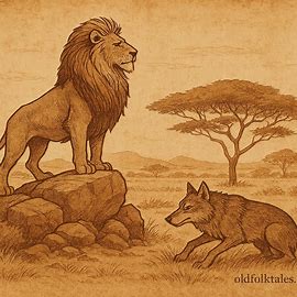 Lion with mane and sly wolf in Angolan savanna, Kimbundu folktale parchment-style art.