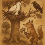 White kite, sly fox, and clever raven in a Tigrean folktale from Eritrea, drawn in parchment-style illustration.