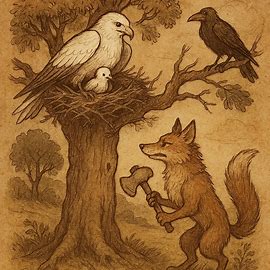 White kite, sly fox, and clever raven in a Tigrean folktale from Eritrea, drawn in parchment-style illustration.