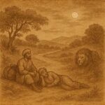 Two men resting on a Tigrean roadside at night as a lion approaches, parchment-style folktale illustration.
