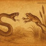 Snake lunges at frog by pond reeds in a Malagasy folktale about pride, deceit, and revenge.