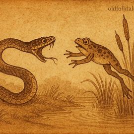Snake lunges at frog by pond reeds in a Malagasy folktale about pride, deceit, and revenge.