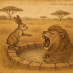 The clever hare tricks the proud lion at a well in this traditional Burundian folktale illustration.