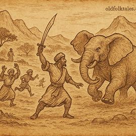 Kamel wad Gabay confronts a charging elephant as his companions flee, while Gahad wad Caggaba observes in the highlands – Tigrean folktale illustration.