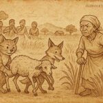 Tricksters Kotofetsy and Mahaka leaving with a limping sheep as villagers laugh, from Merina folklore of Madagascar.