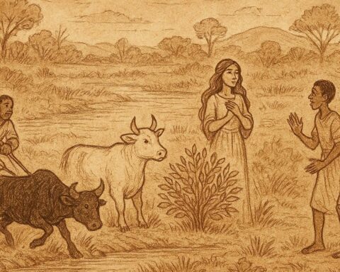 Parchment-style illustration of Anuak folktale showing river stranger transforming before villagers in Gambela, Ethiopia.