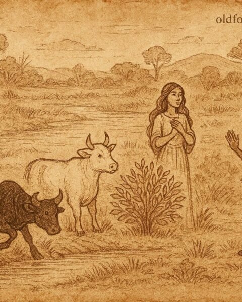 Parchment-style illustration of Anuak folktale showing river stranger transforming before villagers in Gambela, Ethiopia.