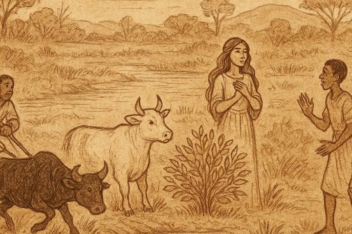 Parchment-style illustration of Anuak folktale showing river stranger transforming before villagers in Gambela, Ethiopia.