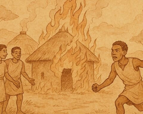 Obang’s son leaves friends to work after fire destroys huts, Anuak folktale from Ethiopia.