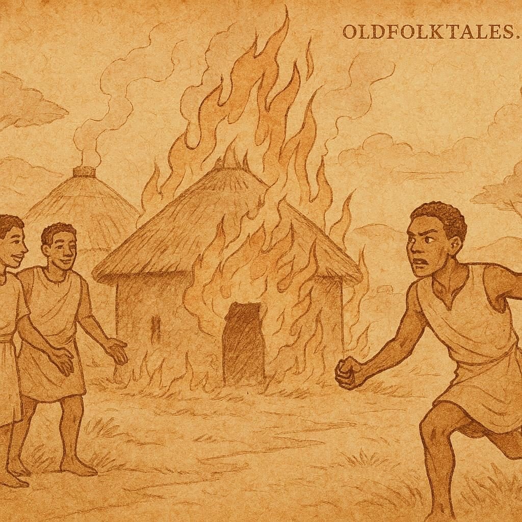 Obang’s son leaves friends to work after fire destroys huts, Anuak folktale from Ethiopia.