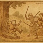 Parchment-style illustration of Shigosh slipping as daughters attack near a great tree, Ethiopian Gambela folktale scene.