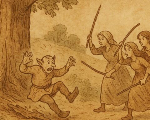 Parchment-style illustration of Shigosh slipping as daughters attack near a great tree, Ethiopian Gambela folktale scene.
