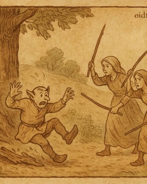 Parchment-style illustration of Shigosh slipping as daughters attack near a great tree, Ethiopian Gambela folktale scene.