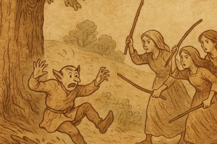 Parchment-style illustration of Shigosh slipping as daughters attack near a great tree, Ethiopian Gambela folktale scene.