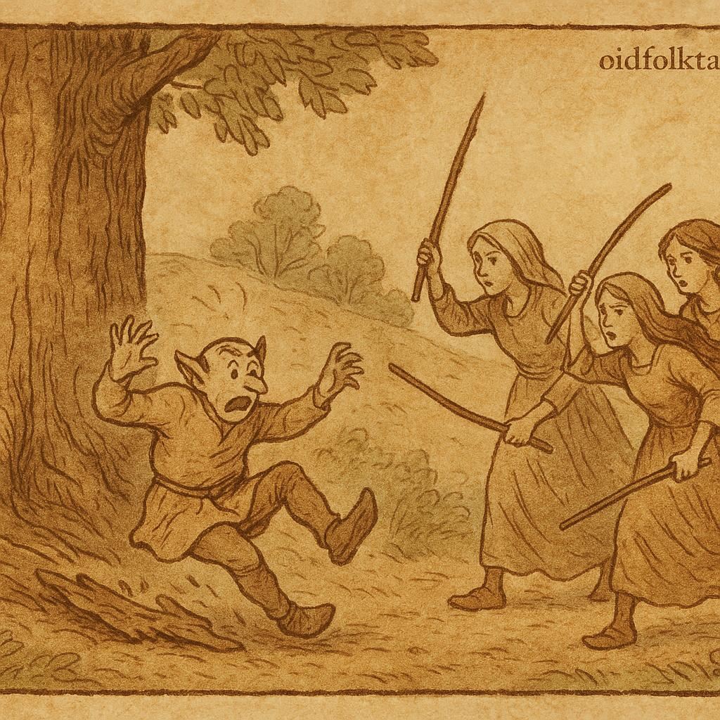 Parchment-style illustration of Shigosh slipping as daughters attack near a great tree, Ethiopian Gambela folktale scene.