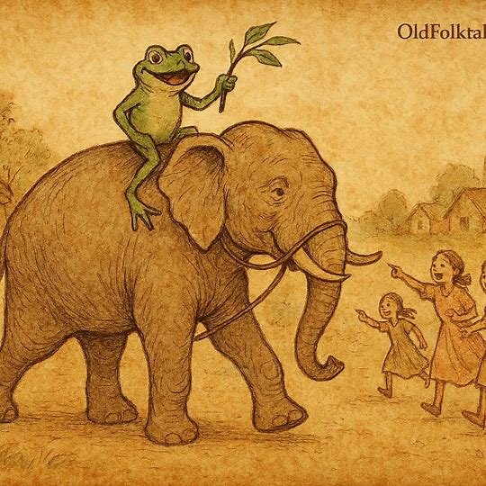 Elephant carries Frog with reins and twig, mocked by village girls in this Angolan folktale scene.