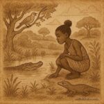Mossi girl at pond faces crocodile as turtledove and animals help, showing cleverness and patience.