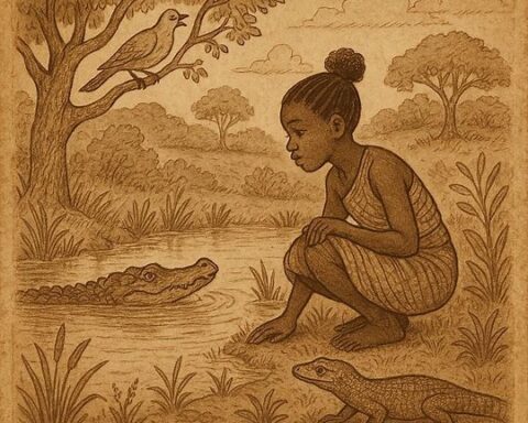 Mossi girl at pond faces crocodile as turtledove and animals help, showing cleverness and patience.