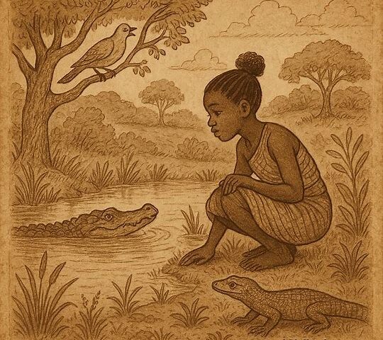 Mossi girl at pond faces crocodile as turtledove and animals help, showing cleverness and patience.