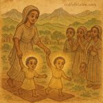 Parchment-style illustration of Penda with her shining children on cloth mats, Ethiopian folktale scene.